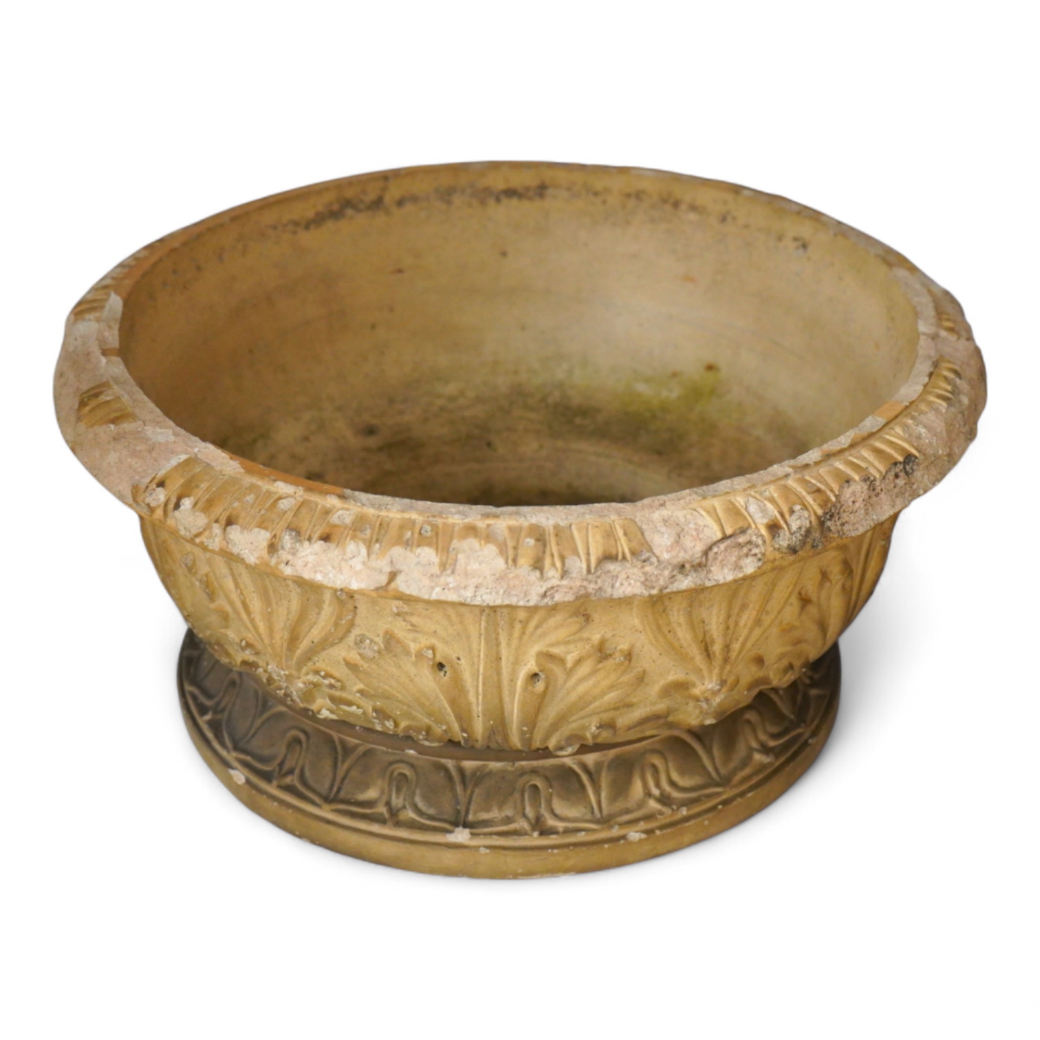 A buff coloured weathered earthenware jardiniere on stand, 48cm diameter